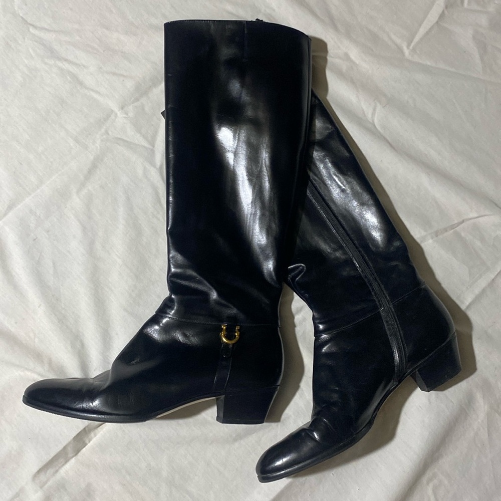 Salvatore Ferragamo Black Leather Knee-High Heeled Boots